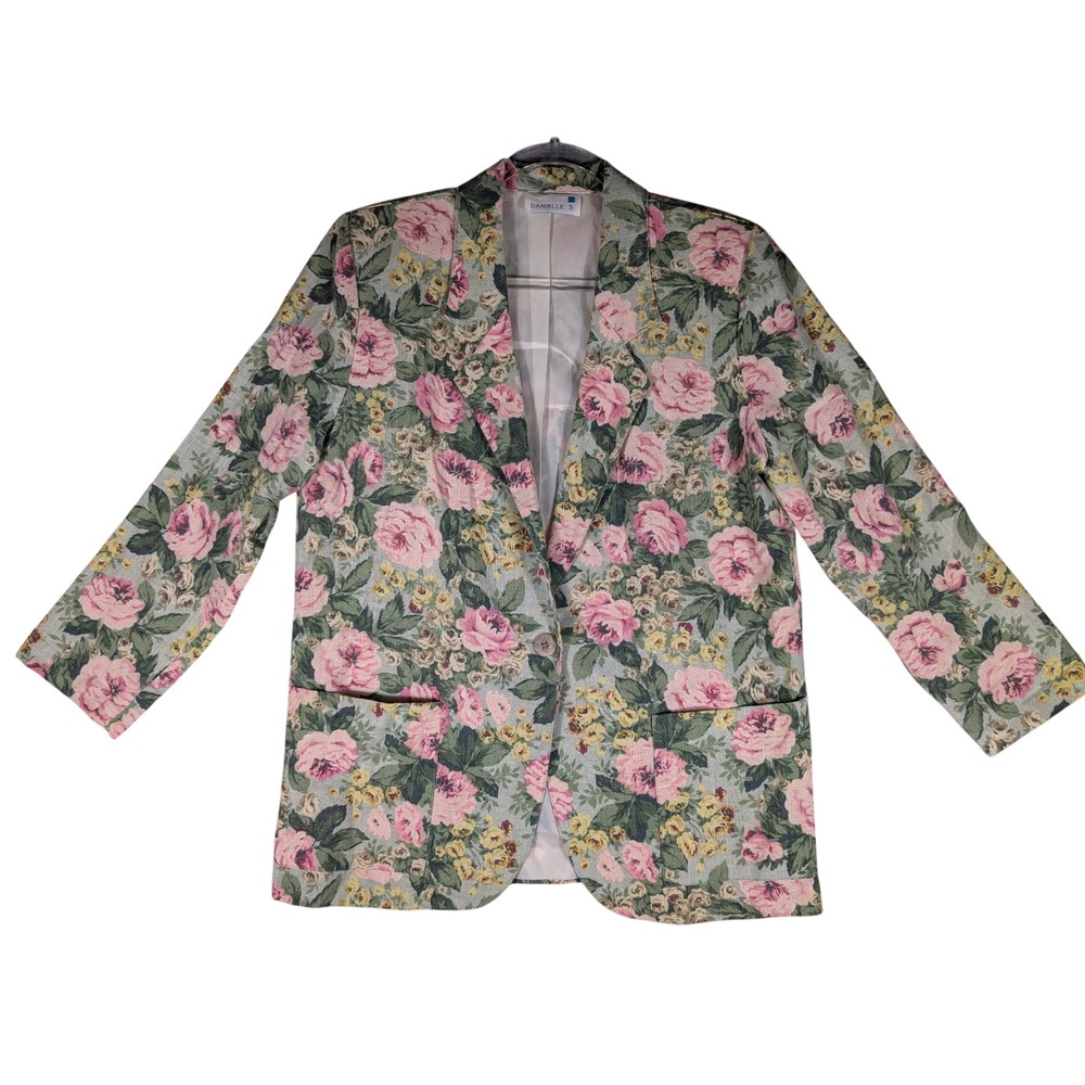 Vintage Danielle B Floral Tapestry Blazer Pink Sage Green Notch Lapel Jacket 8